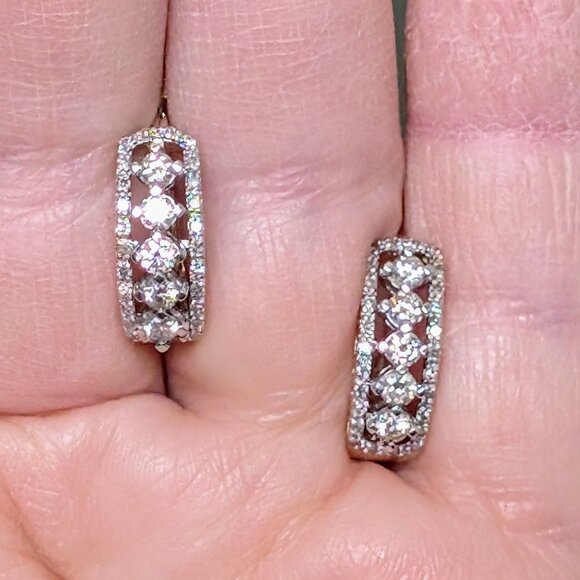 Russian Russia Solid 14K Yellow White Gold Diamond Cluster Pierced Earrings - Picture 7 of 10